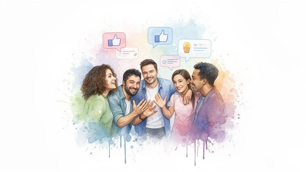 Watercolor illustration of diverse friends laughing, surrounded by social media 'like' and comment bubbles.