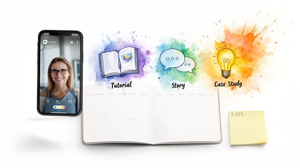 A smartphone showing a woman, an open planner, and illustrations of a book, speech bubbles, and a lightbulb.