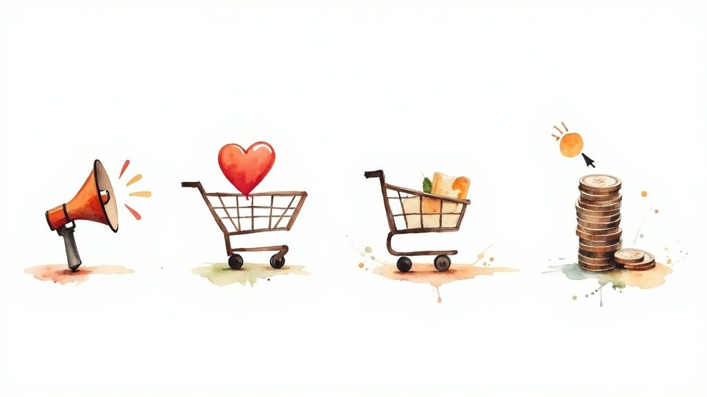 Watercolor illustration depicting a megaphone, shopping carts with heart and items, and a stack of coins.
