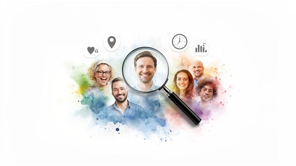 A magnifying glass highlights one smiling man among diverse people surrounded by colorful watercolor splashes and social icons, representing audience analysis.