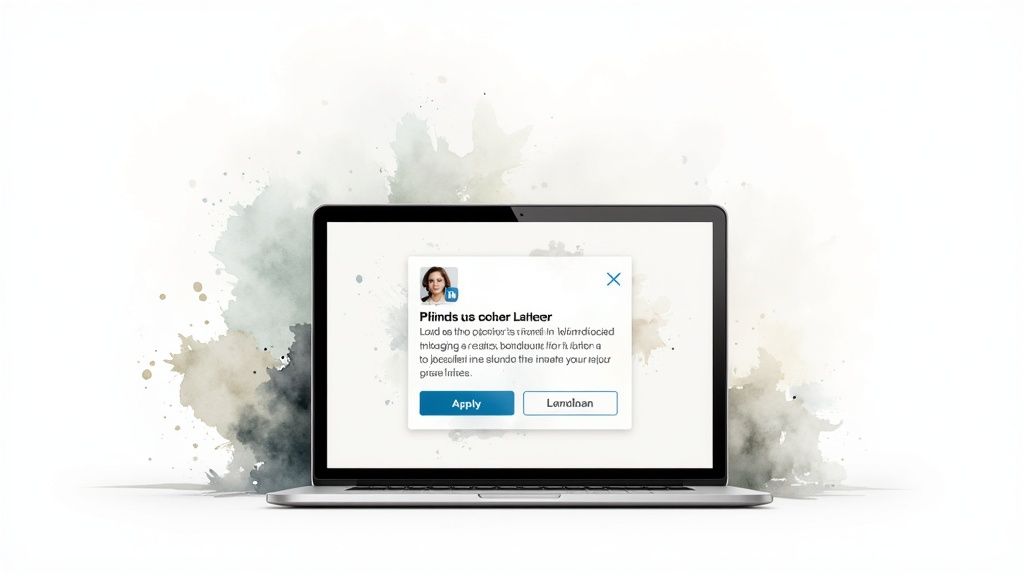 A laptop displays a LinkedIn job application pop-up with a profile picture and 'Apply' button.