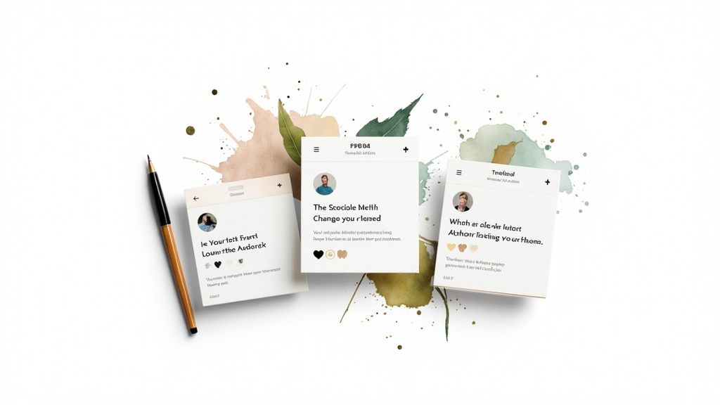 Three mobile app screens displaying social media profiles with a pen and watercolor splashes.