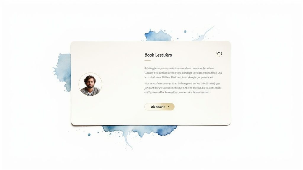 A creative card with a man's profile, 'Book Lestuërs' title, text, and 'Discover' button on a watercolor background.