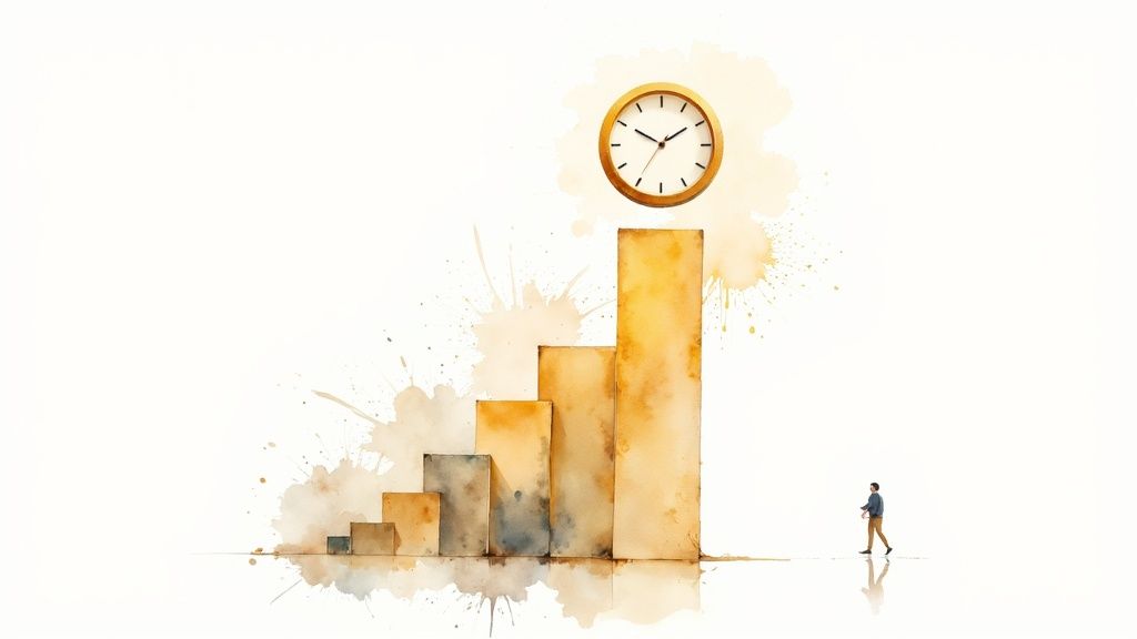 Business person walking toward ascending bar chart with clock above representing growth over time