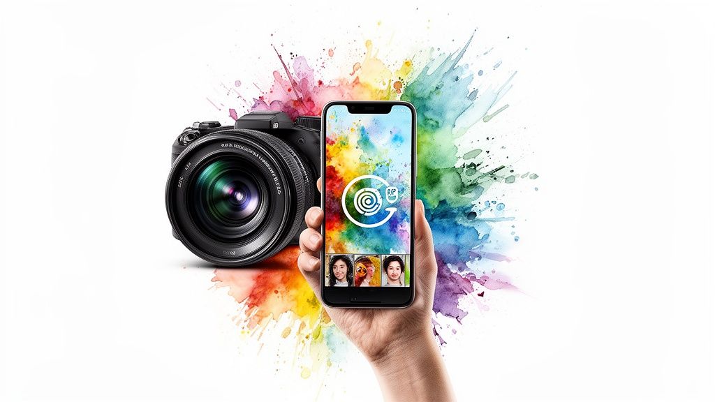 A hand holds a smartphone with a photo editing app, alongside a DSLR camera and colorful paint splashes.