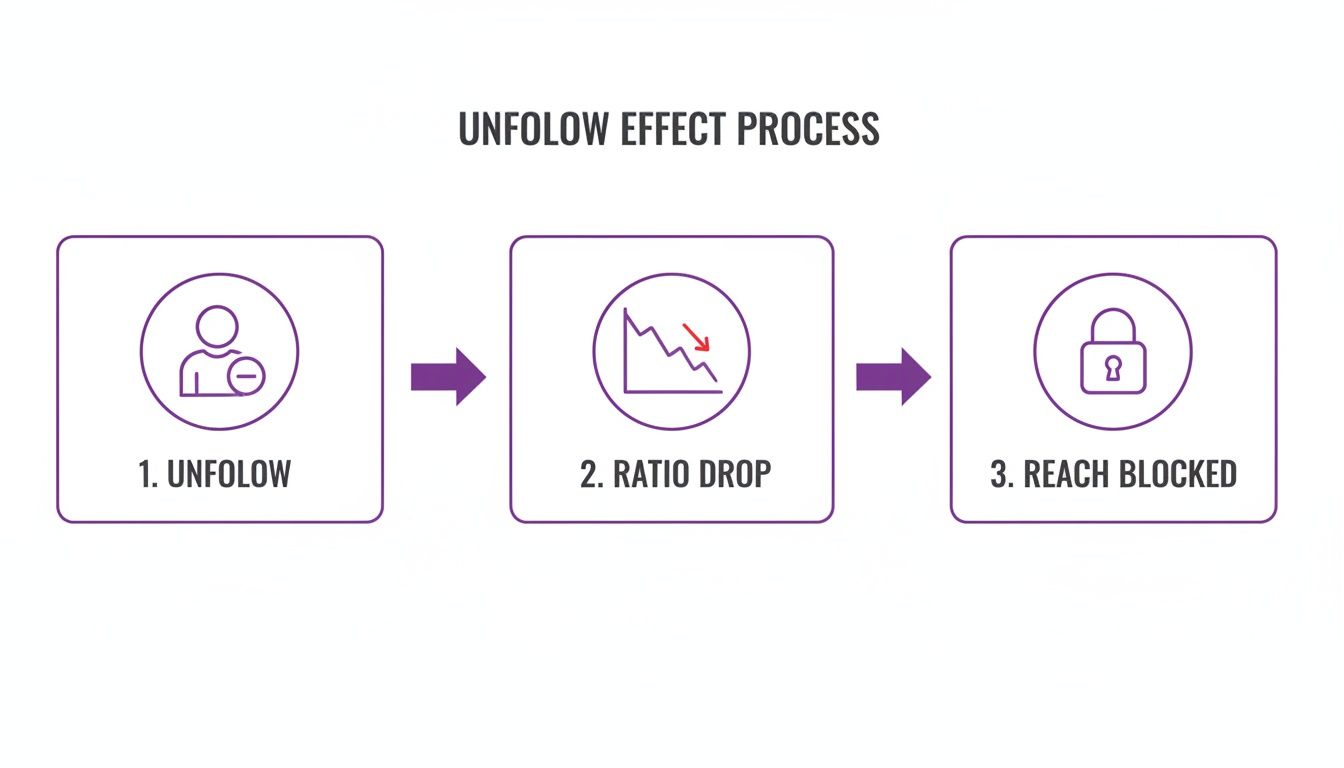 Diagram showing the 'Unfollow Effect Process': Unfollow leads to Ratio Drop, which results in Reach Blocked.