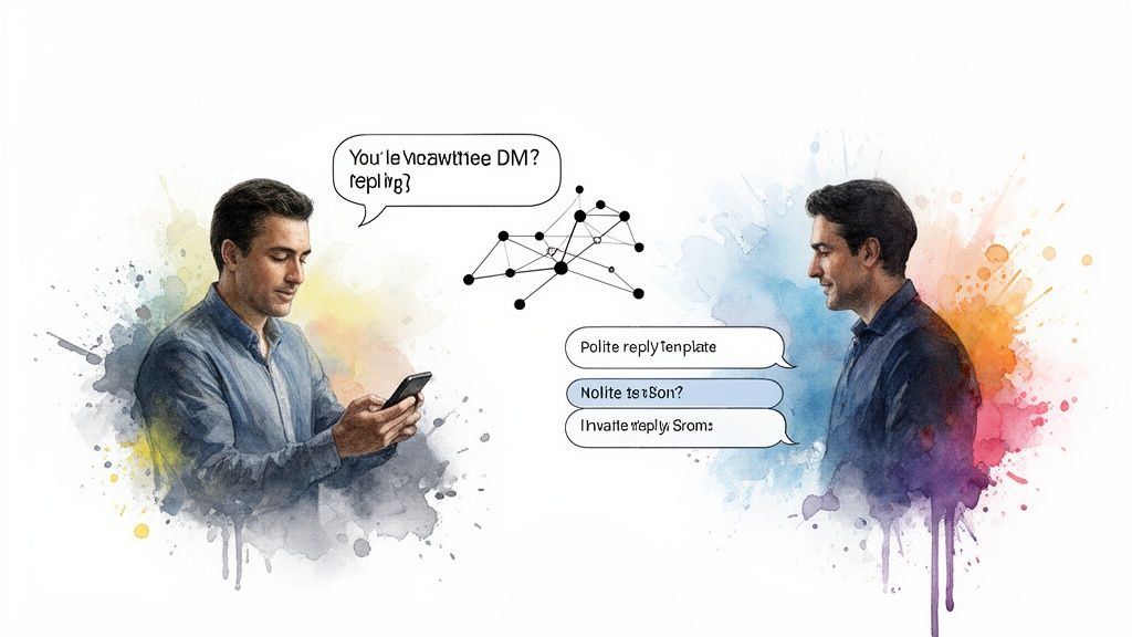 Two watercolor men illustrating digital communication with a phone, speech bubbles, and a network graph.