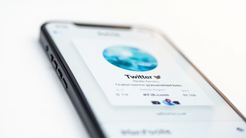 Twitter profile page displayed on smartphone screen showing bio and follower count