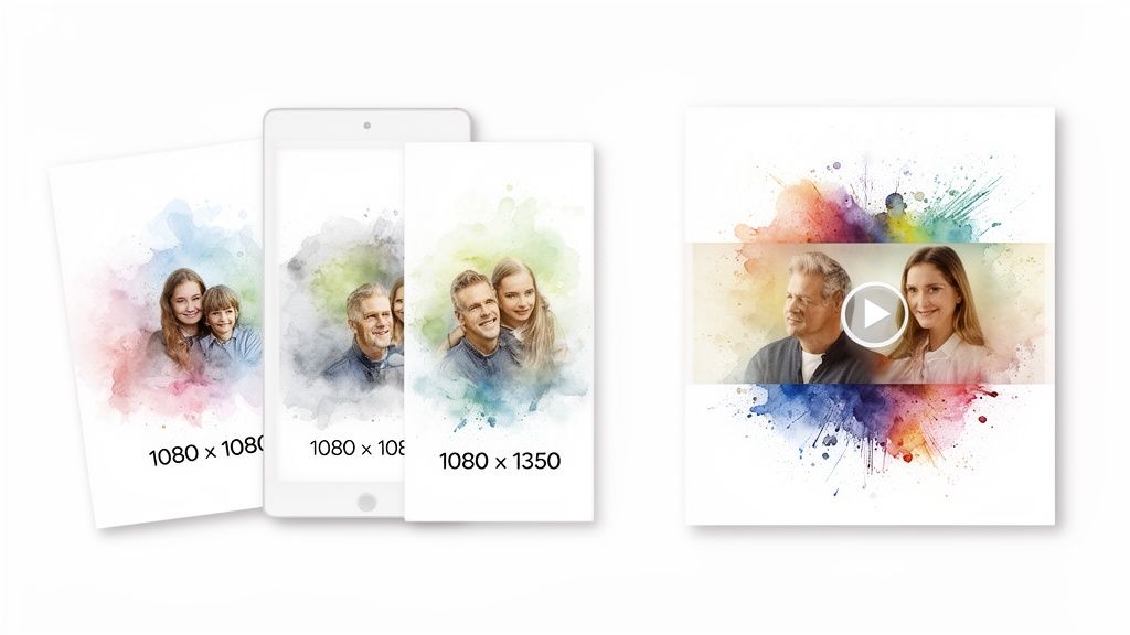 Different image sizes and formats for social media, showcasing watercolor family and couple portraits.