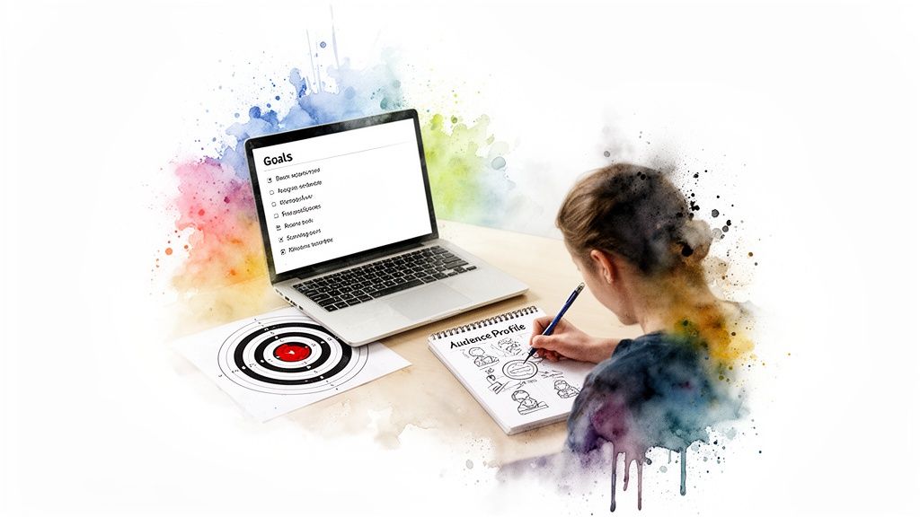 Person outlining audience profiles and goals on a notebook and laptop with colorful splashes.