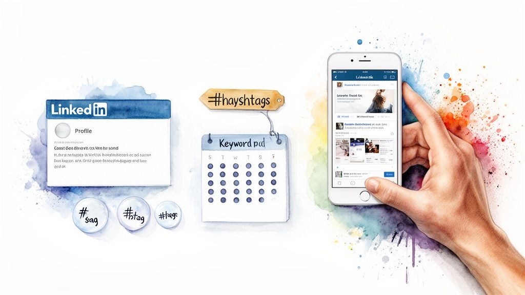 A watercolor illustration of LinkedIn marketing tools, including a profile card, calendar, hashtags, and a hand holding a phone.