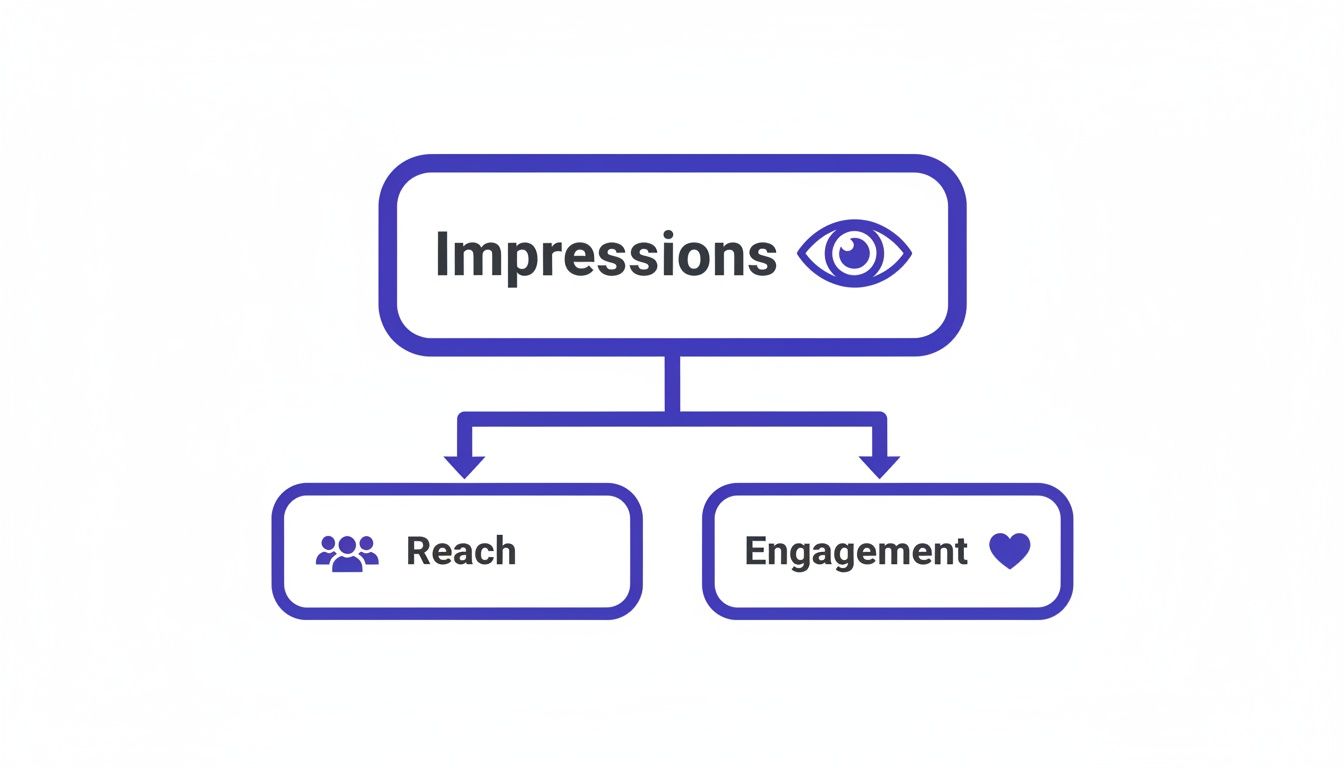 Diagram illustrating marketing metrics: Impressions break down into Reach (audience) and Engagement (interactions).