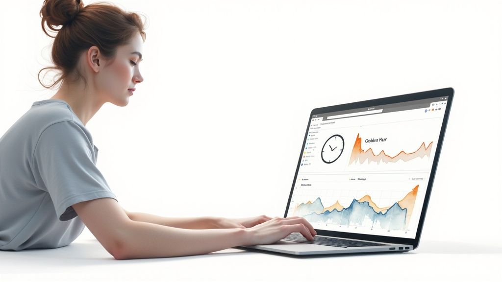 A focused woman works on a laptop displaying data analytics graphs and a clock.
