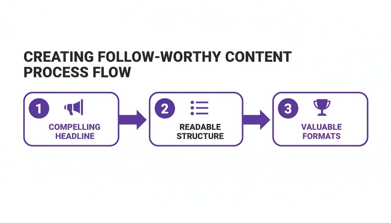 A process flow diagram outlining three steps to create follow-worthy content: compelling headline, readable structure, and valuable formats.