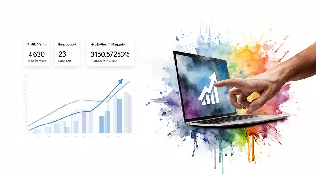 A hand points to a laptop screen displaying a growth chart, surrounded by colorful splashes, alongside data analytics.