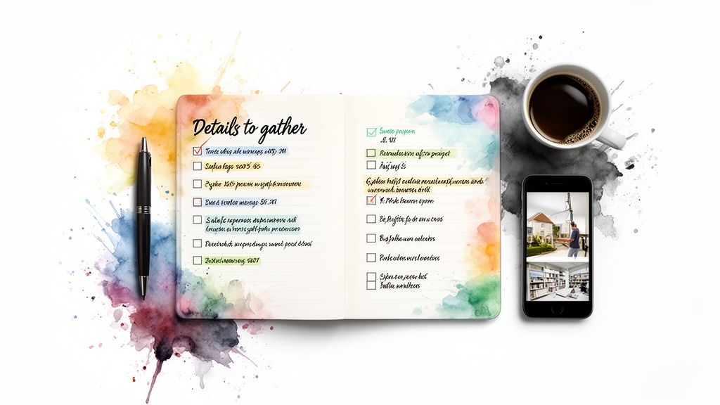 Overhead view of a detailed checklist notebook, pen, coffee mug, and smartphone on a colorful watercolor splash background.