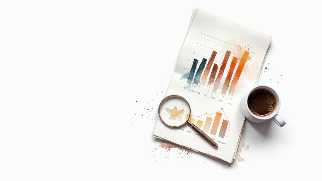 Watercolor charts, a magnifying glass, and coffee cup on a white background for business analysis.