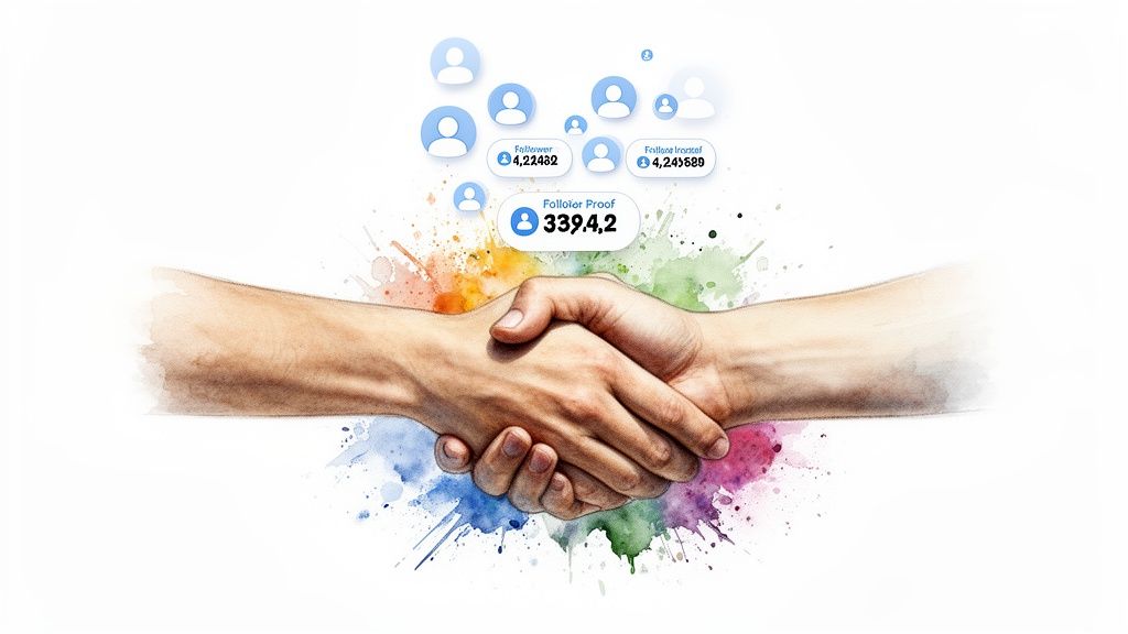 Two hands shaking, surrounded by colorful splashes and social media follower count statistics.