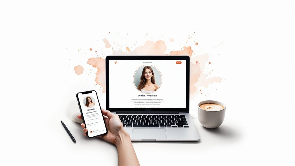 A hand holds a smartphone next to an open laptop, both displaying a woman's online profile page, with a a coffee cup and pen.