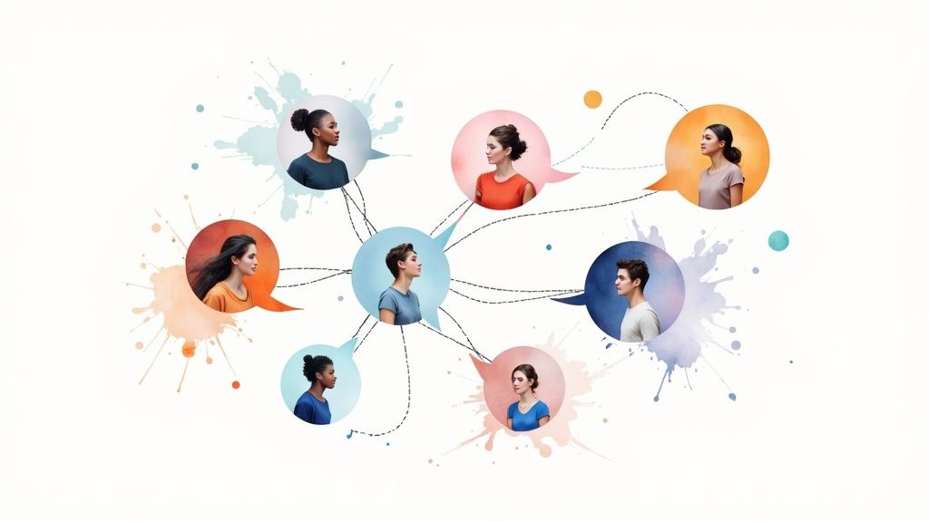 Network diagram showing diverse people connected through social media engagement and communication lines