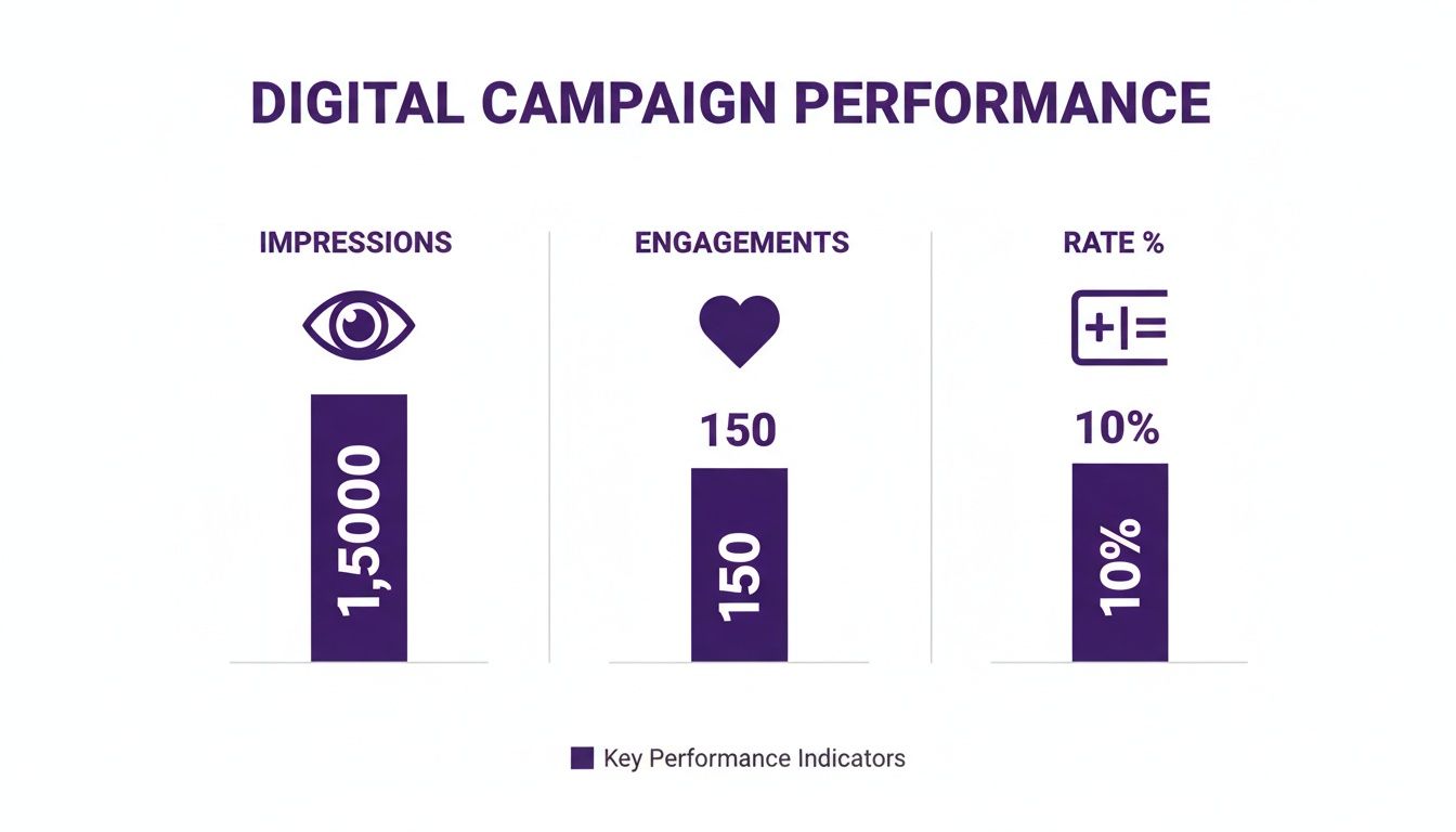 A digital campaign performance chart displaying 1,500 impressions, 150 engagements, and a 10% rate.