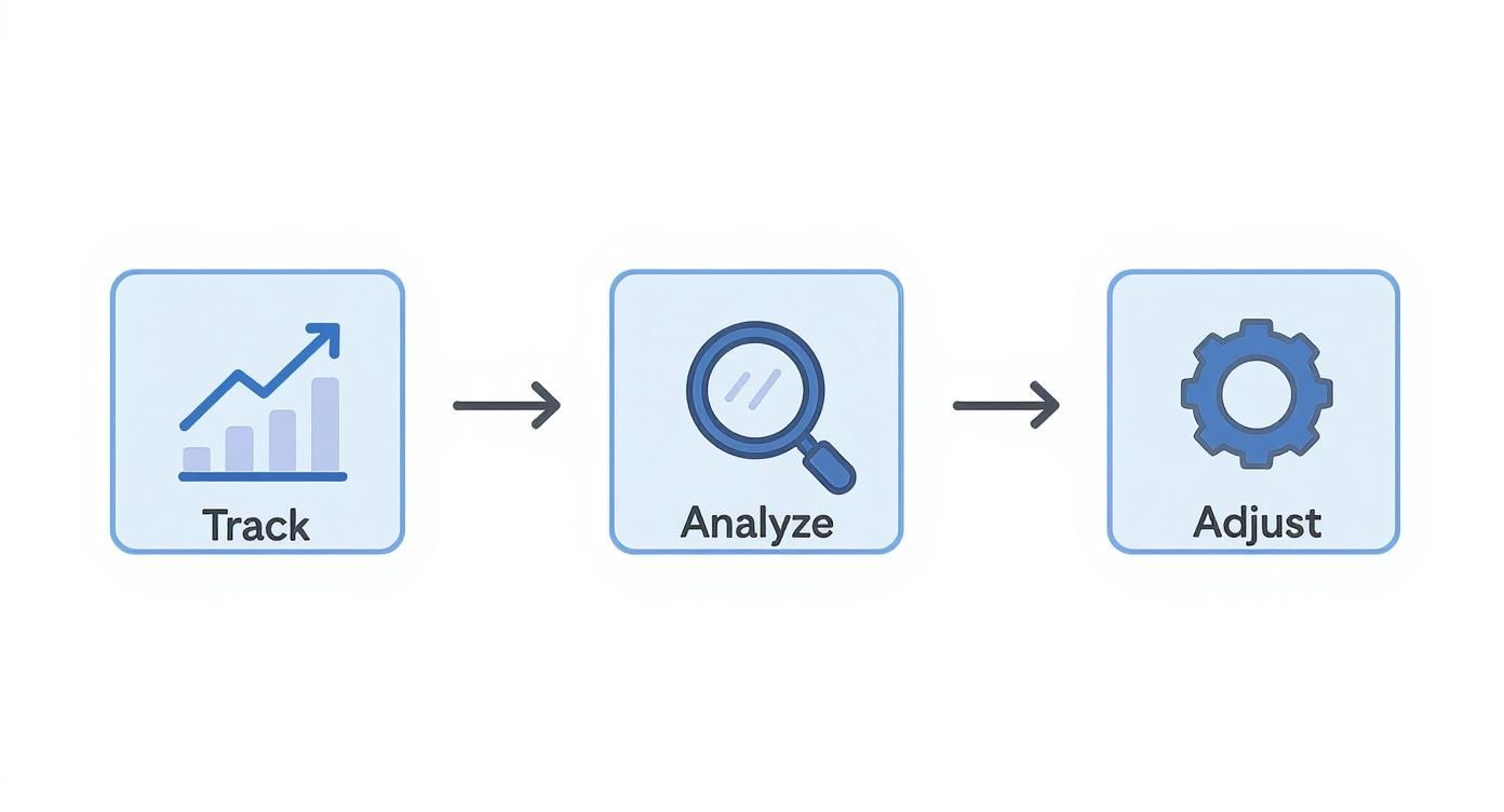 Three-step process workflow diagram showing track analyze and adjust phases with icons