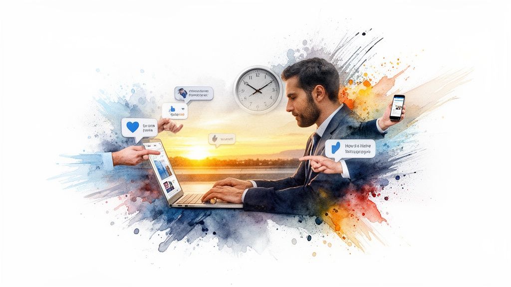 A businessman engages in social networking on a laptop, surrounded by interactive hands and time.