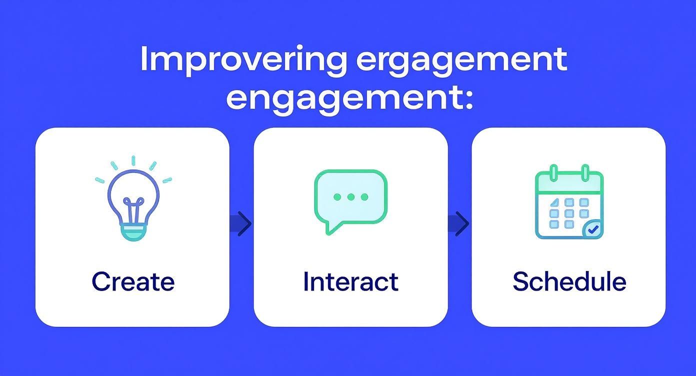 Three steps to improve engagement: Create (lightbulb), Interact (speech bubble), and Schedule (calendar).