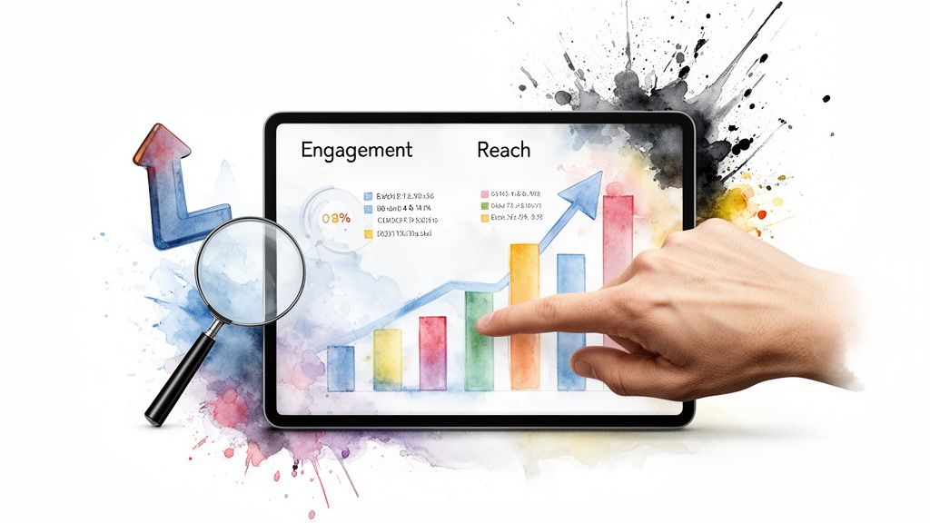 A hand analyzing digital marketing data on a tablet, showcasing growth in engagement and reach metrics.