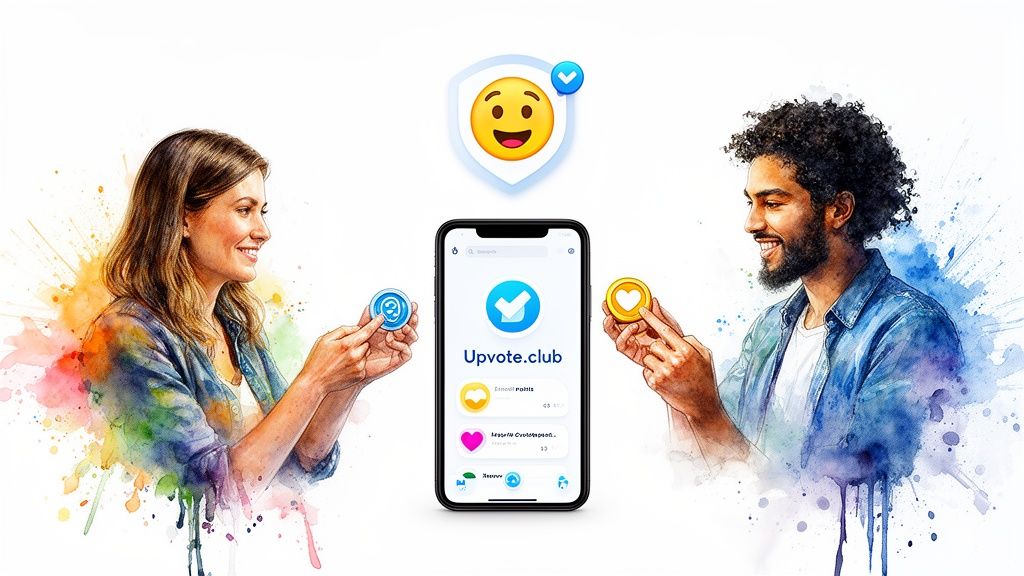Watercolor art of two people holding reward tokens, engaged with the 'Upvote.club' mobile app.