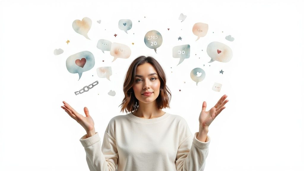A young woman with open hands surrounded by floating watercolor social media icons and speech bubbles.