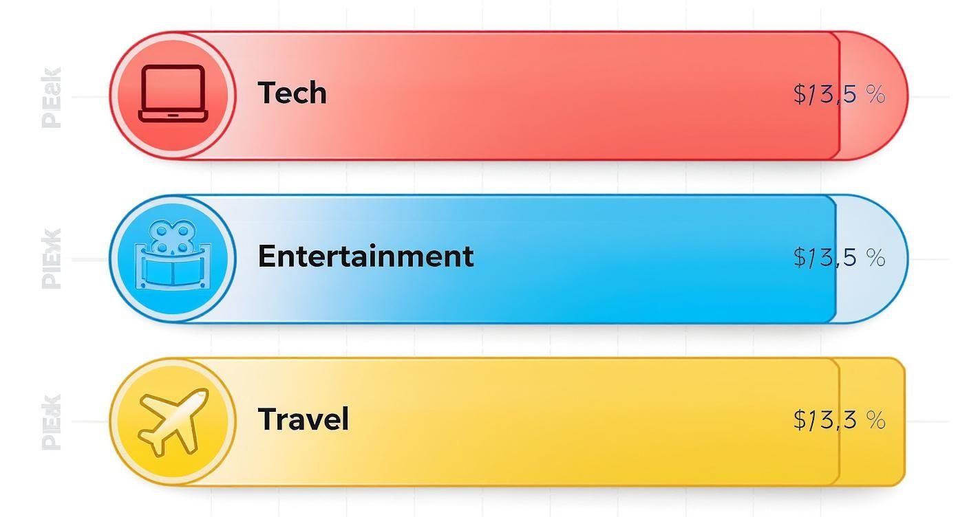A bar chart visualizing spending categories: Tech, Entertainment, and Travel, with their respective percentages.