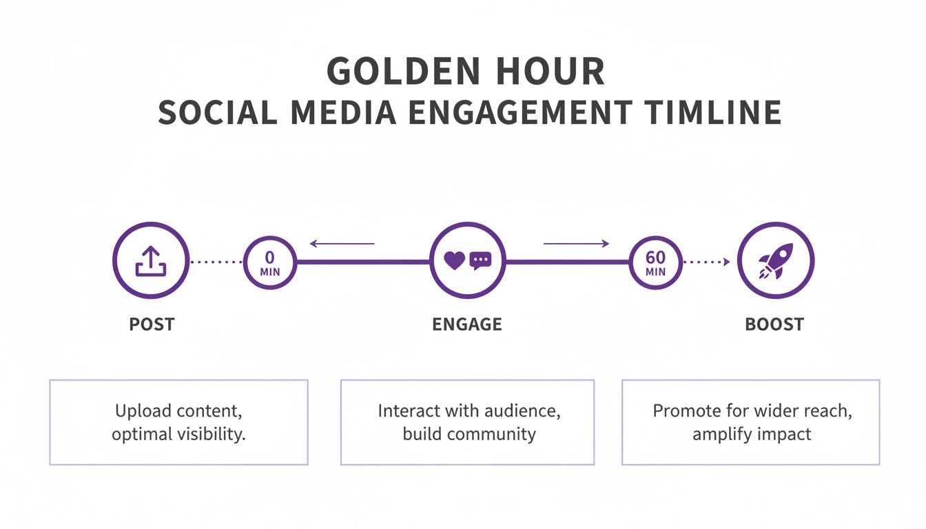 Golden Hour social media engagement timeline with steps: Post, Engage, and Boost for wider reach.
