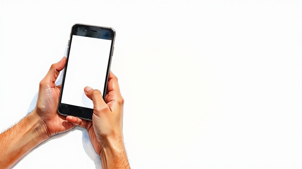 Hands holding a black smartphone with a blank white screen against a clean white background.