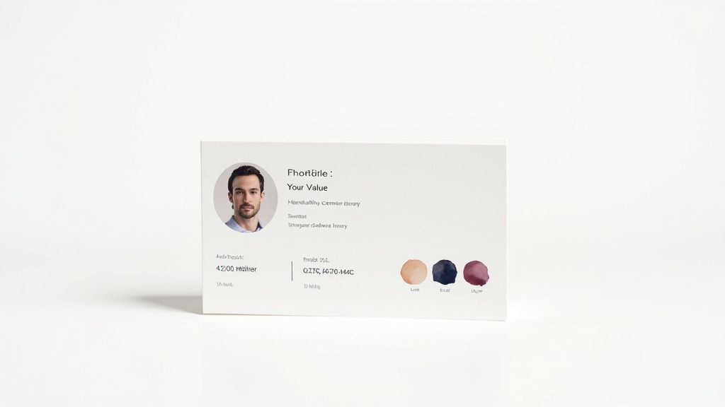 A white card displays a man's photo, various text details, and three color swatches on a white background.