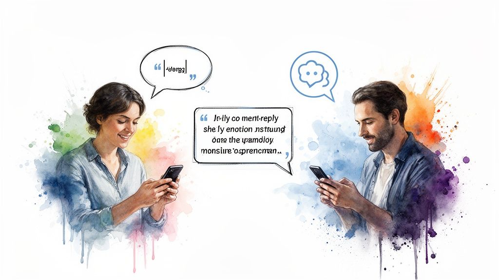 Two smiling people, a man and a woman, happily texting on their smartphones with speech bubbles.
