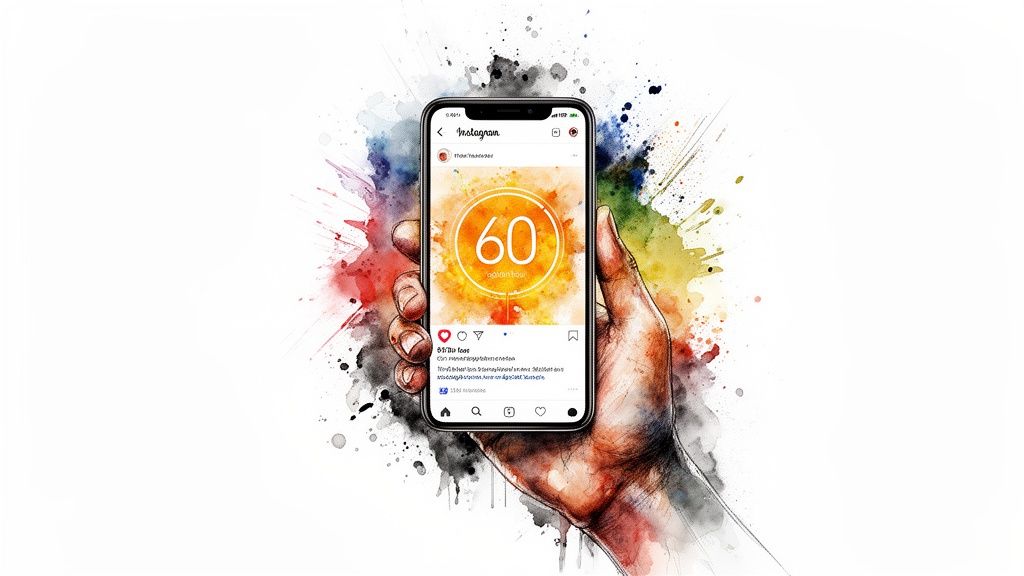 Watercolor illustration of a hand holding a smartphone displaying an Instagram post with '60' in an orange circle.