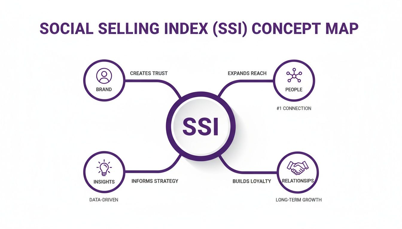 A concept map illustrating the Social Selling Index (SSI) and its four key dimensions: brand, people, relationships, and insights.