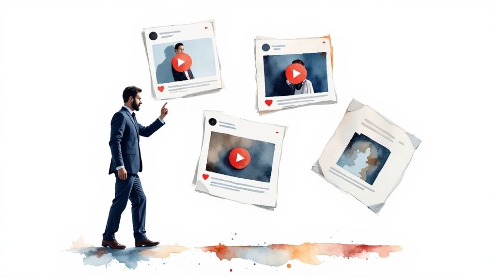 Professional businessman pointing at social media video posts with engagement icons and play buttons