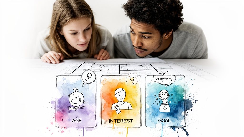 A diverse couple reviews architectural plans with 'AGE,' 'INTEREST,' 'GOAL' profile cards.