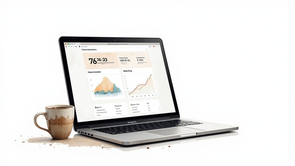 A silver laptop displaying a data dashboard with graphs, next to a coffee mug.