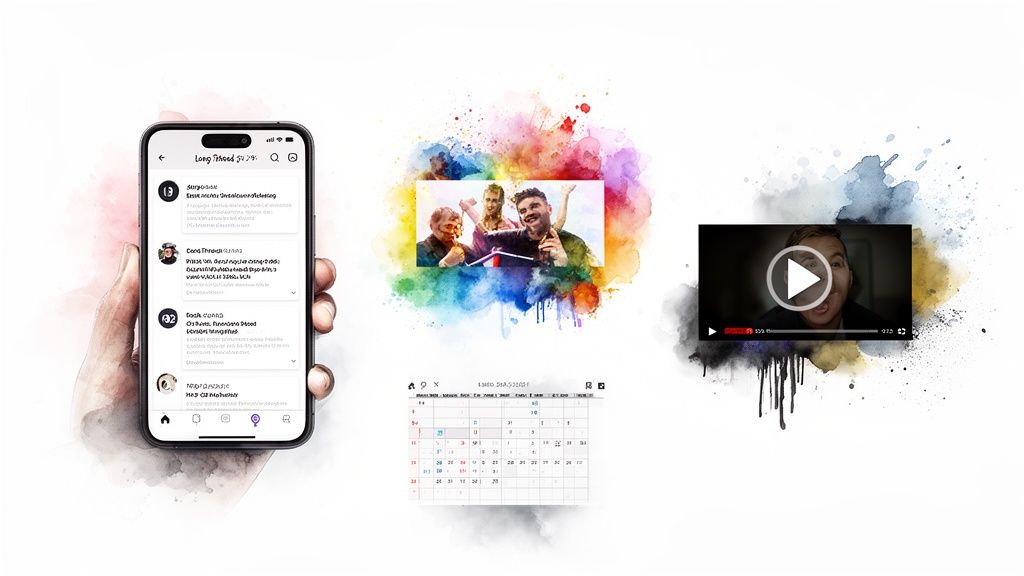 A smartphone displaying a social media feed, a colorful photo, a video player, and a calendar.