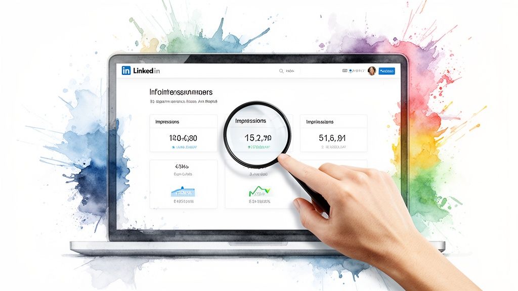 A hand magnifies LinkedIn post impressions data on a laptop screen, showing analytics on a watercolor background.