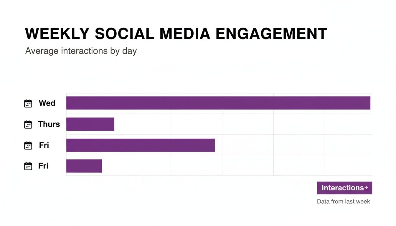Bar chart displaying weekly social media engagement by day, showing highest interactions on Wednesday.