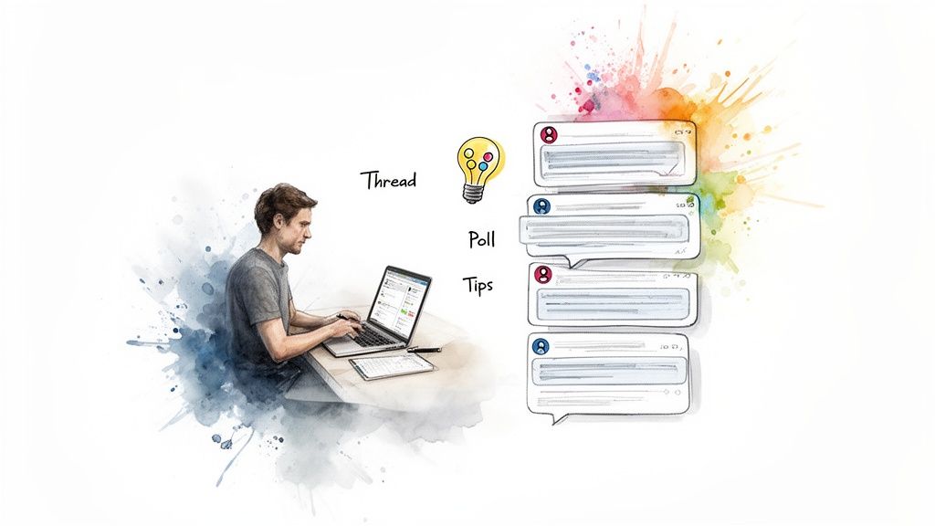 Person using laptop with social media thread, poll, and tips concepts for engagement.