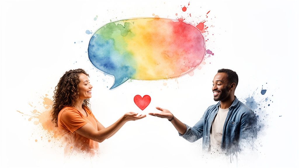 Diverse couple exchanges a heart under a rainbow speech bubble, symbolizing love and communication.