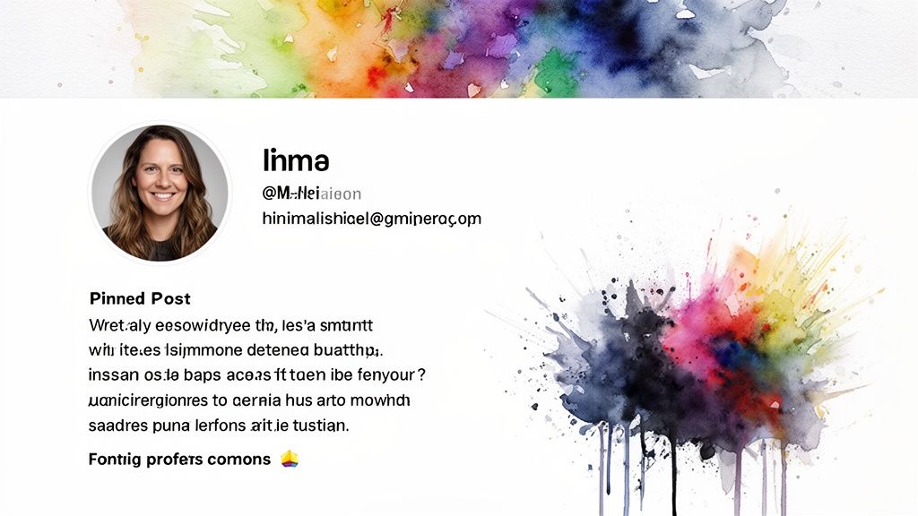 A social media profile with a woman's photo, username, email, and a pinned post, framed by colorful watercolor splashes.