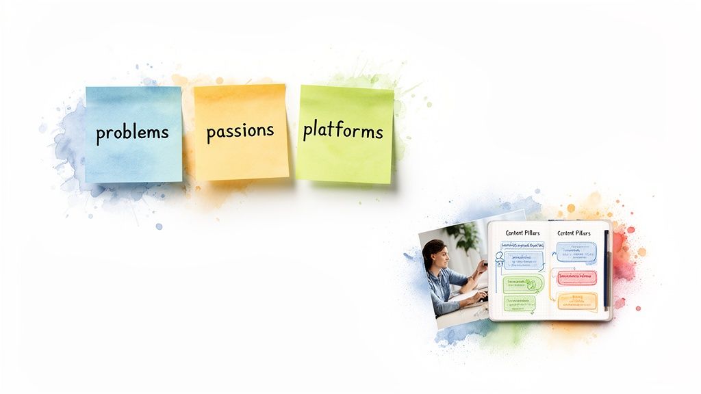 Sticky notes labeled problems, passions, platforms with watercolor splatters, alongside a woman working and a content pillars notebook.