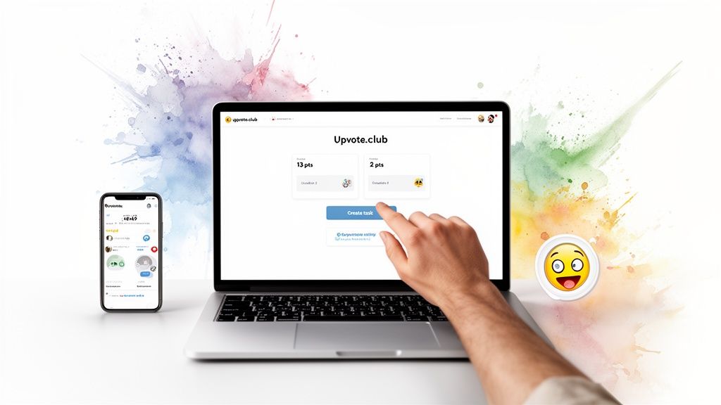 A hand interacts with a laptop displaying Upvote.club, next to a smartphone and a googly-eyes emoji, on a colorful background.