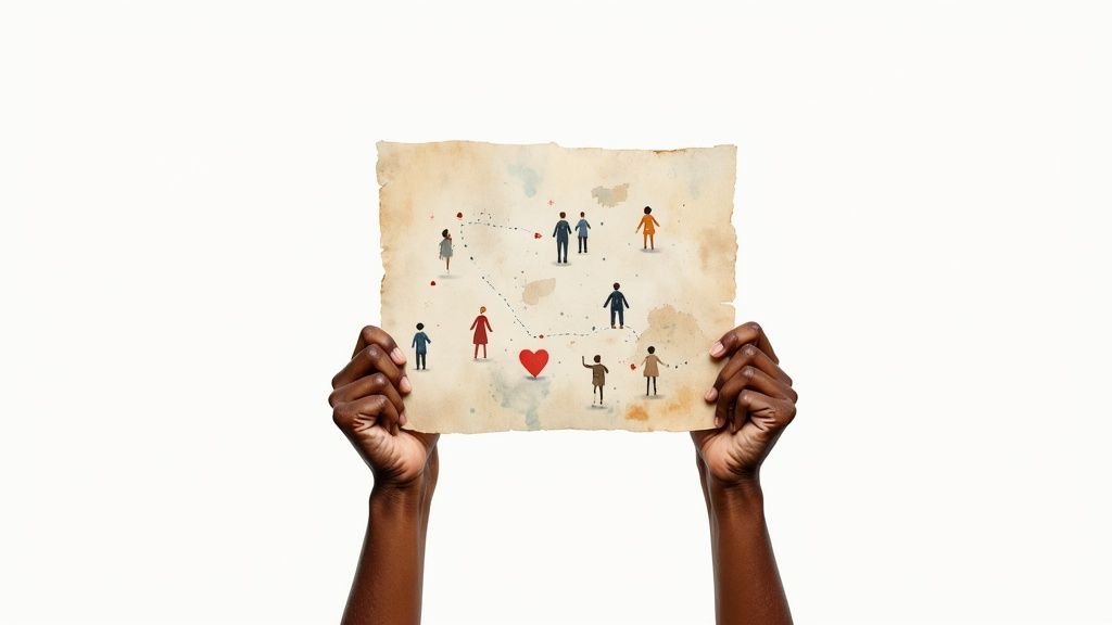 Two dark-skinned hands hold a map depicting connected people figures and red hearts, symbolizing community.